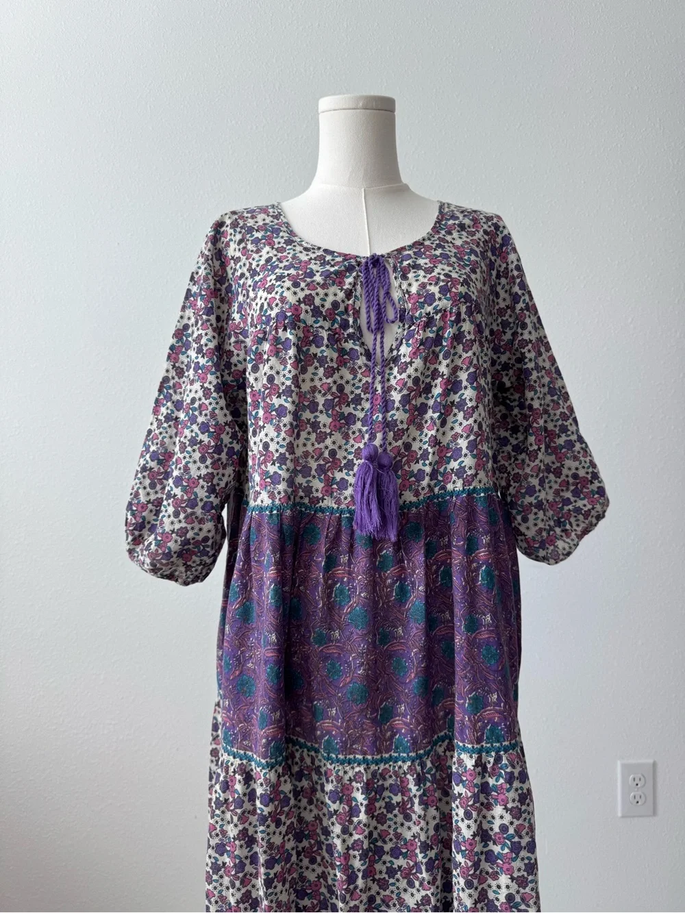 Natural Life Boho Maxi Dress S Purple Floral Tiered Tassel Cotton Cottagecore - Picture 5 of 10